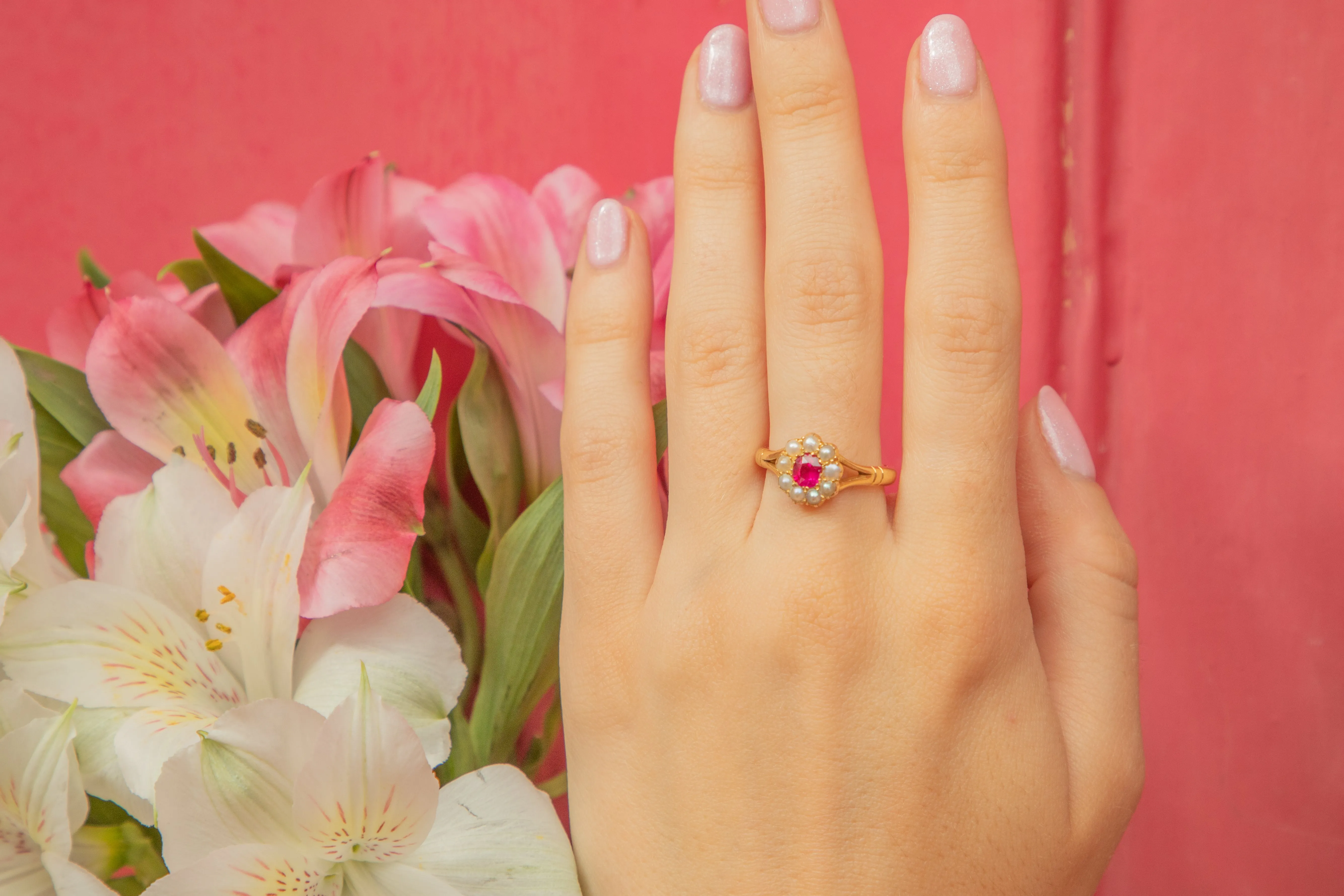 Antique 18ct Gold Ruby Pearl Ring, 0.30ct