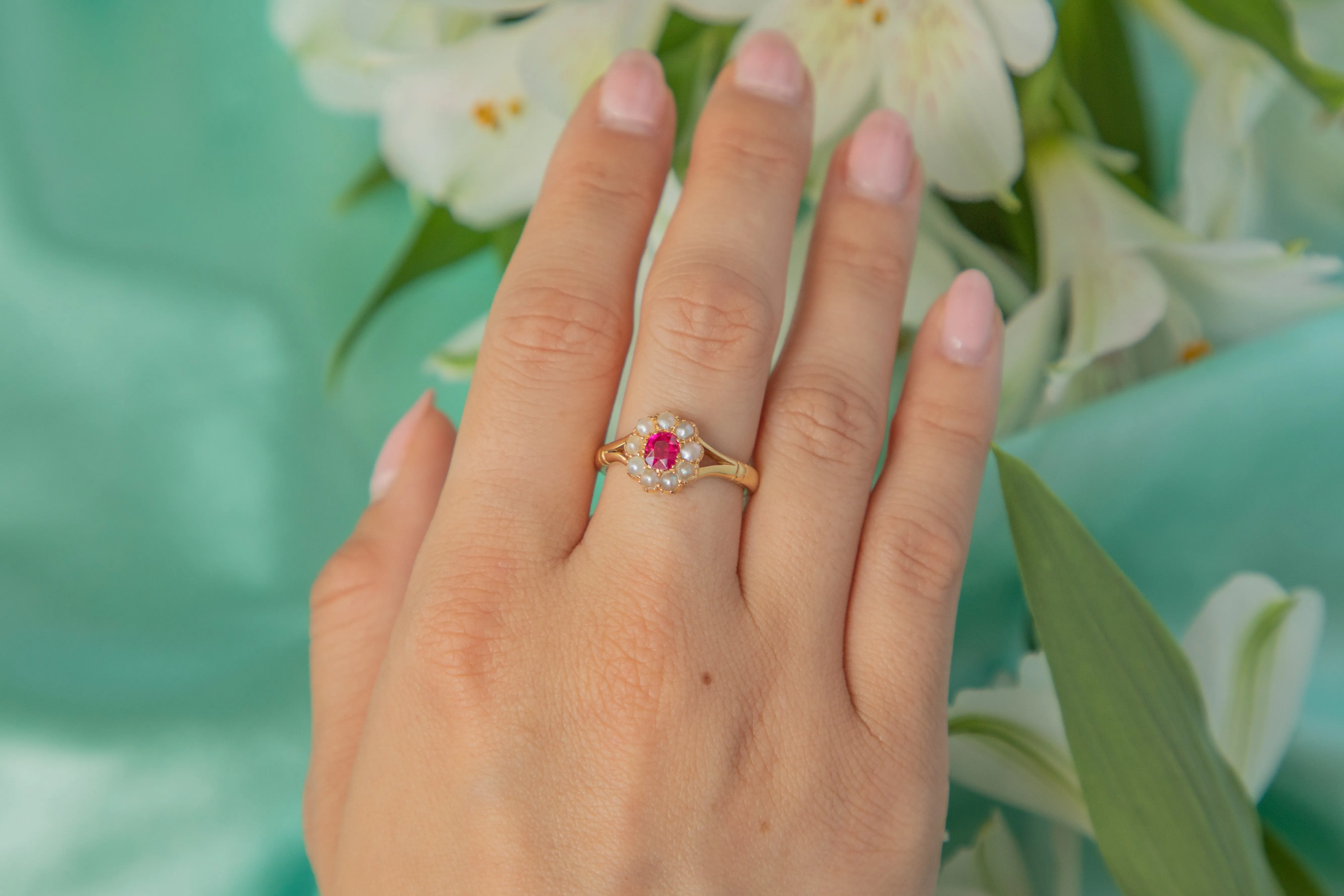 Antique 18ct Gold Ruby Pearl Ring, 0.30ct