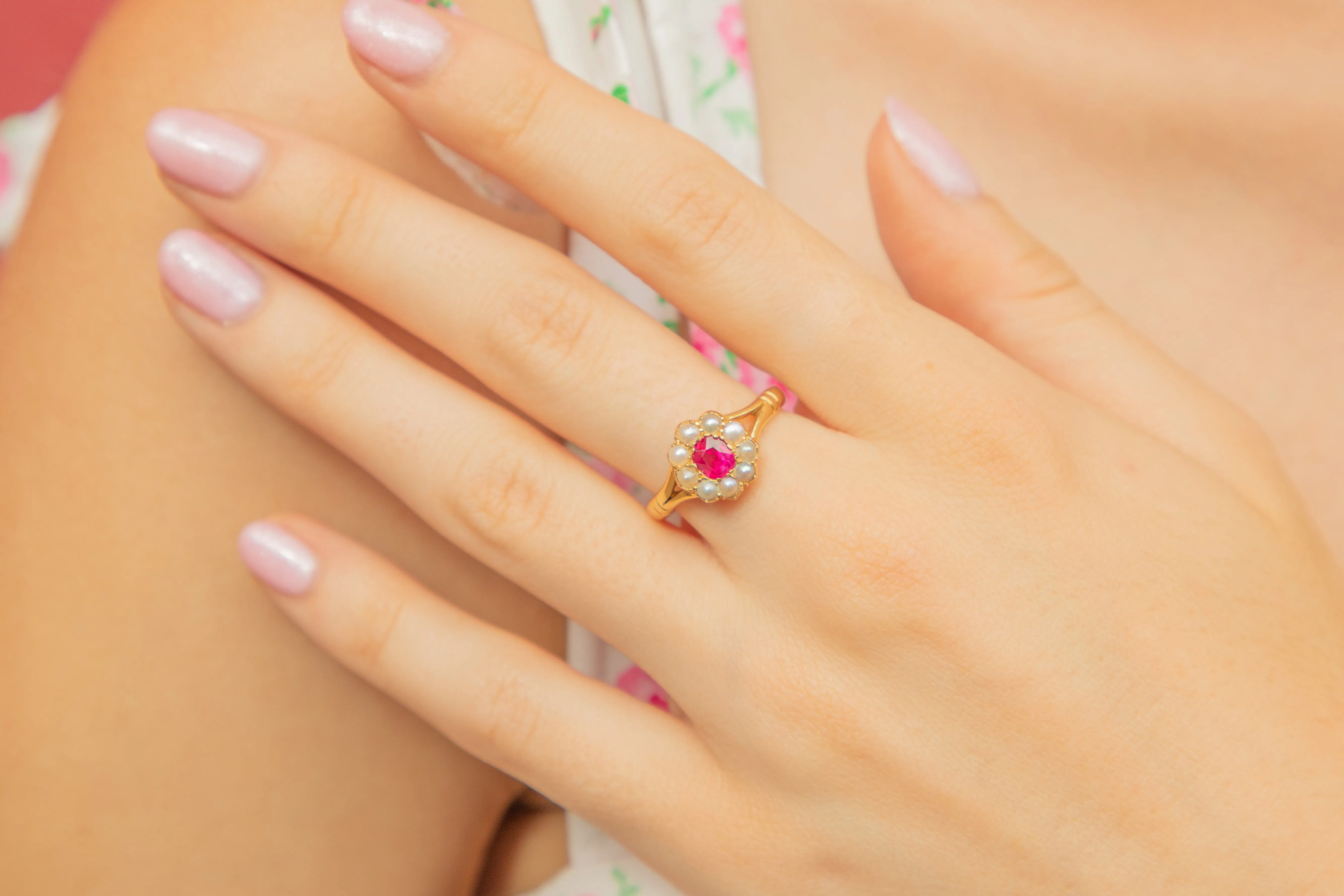 Antique 18ct Gold Ruby Pearl Ring, 0.30ct