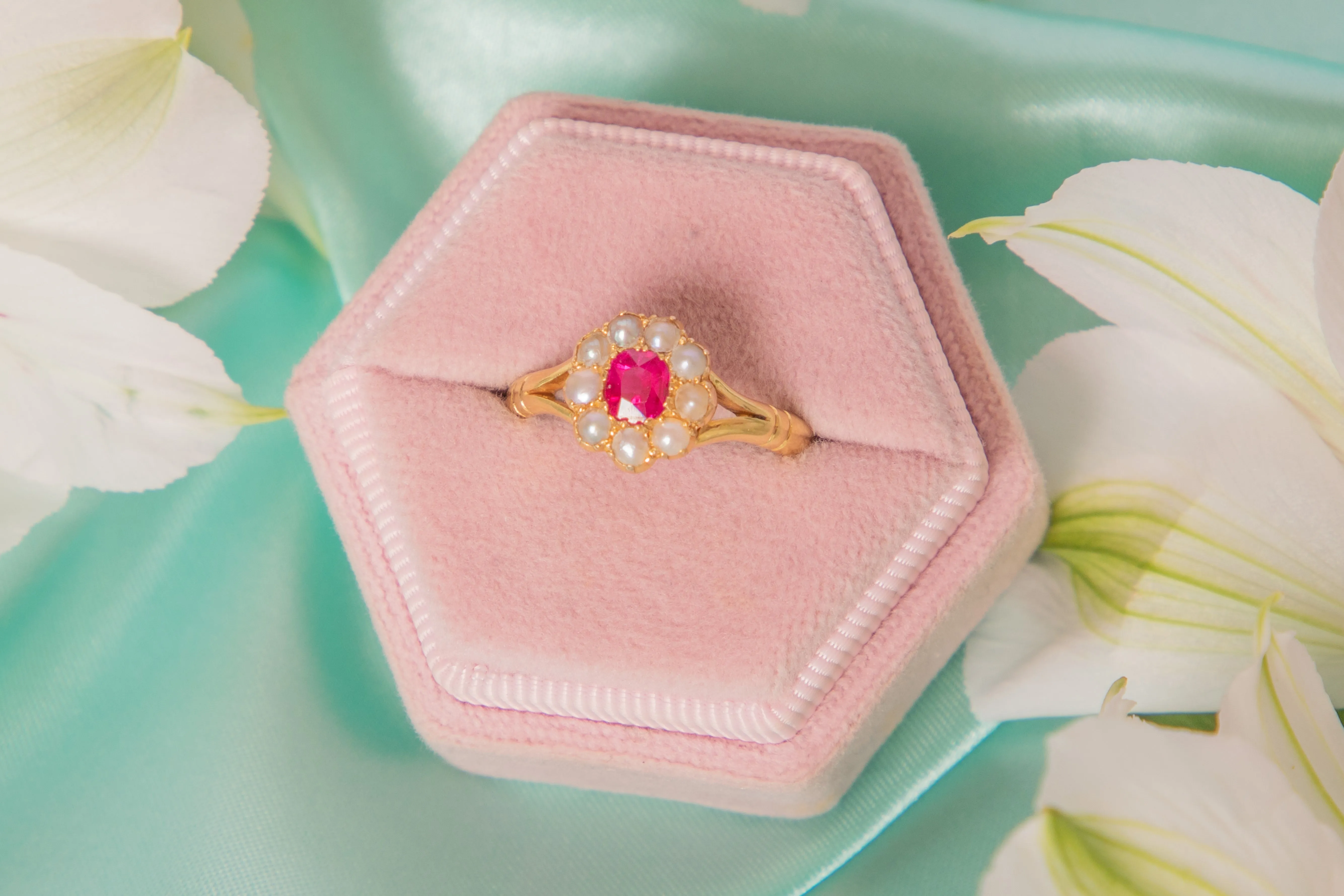 Antique 18ct Gold Ruby Pearl Ring, 0.30ct