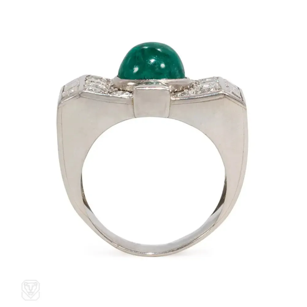 Art Deco diamond and emerald plaque ring