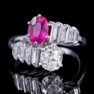 Art Deco French Ruby Diamond Ring 18Ct White Gold Circa 1920