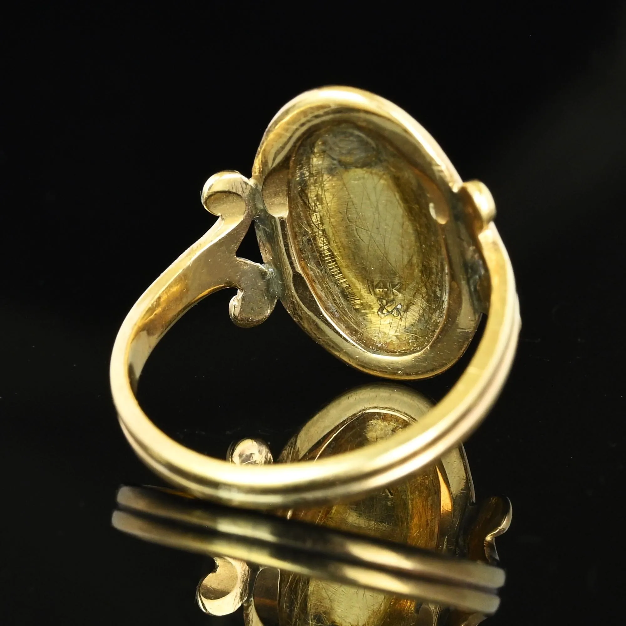 Art Deco Guilloche Enamel Garnet Cabochon Ring in 14K Gold