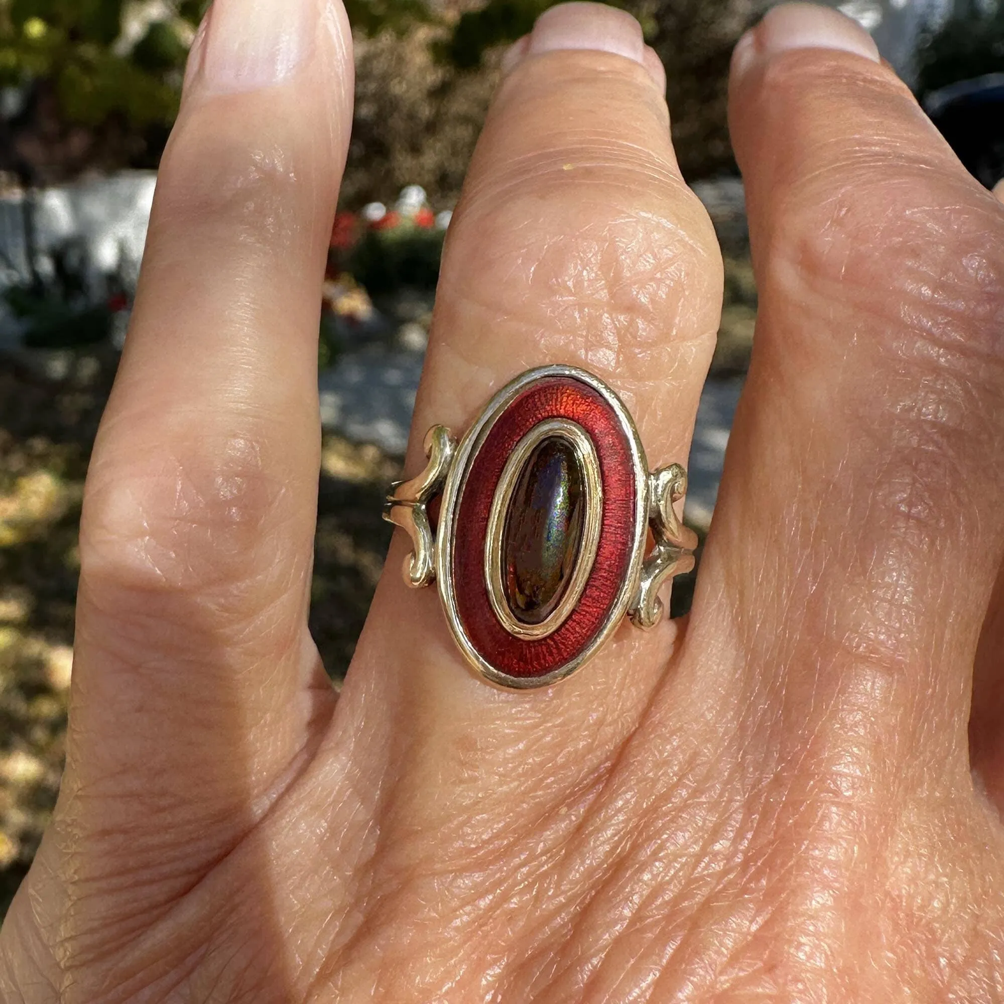 Art Deco Guilloche Enamel Garnet Cabochon Ring in 14K Gold
