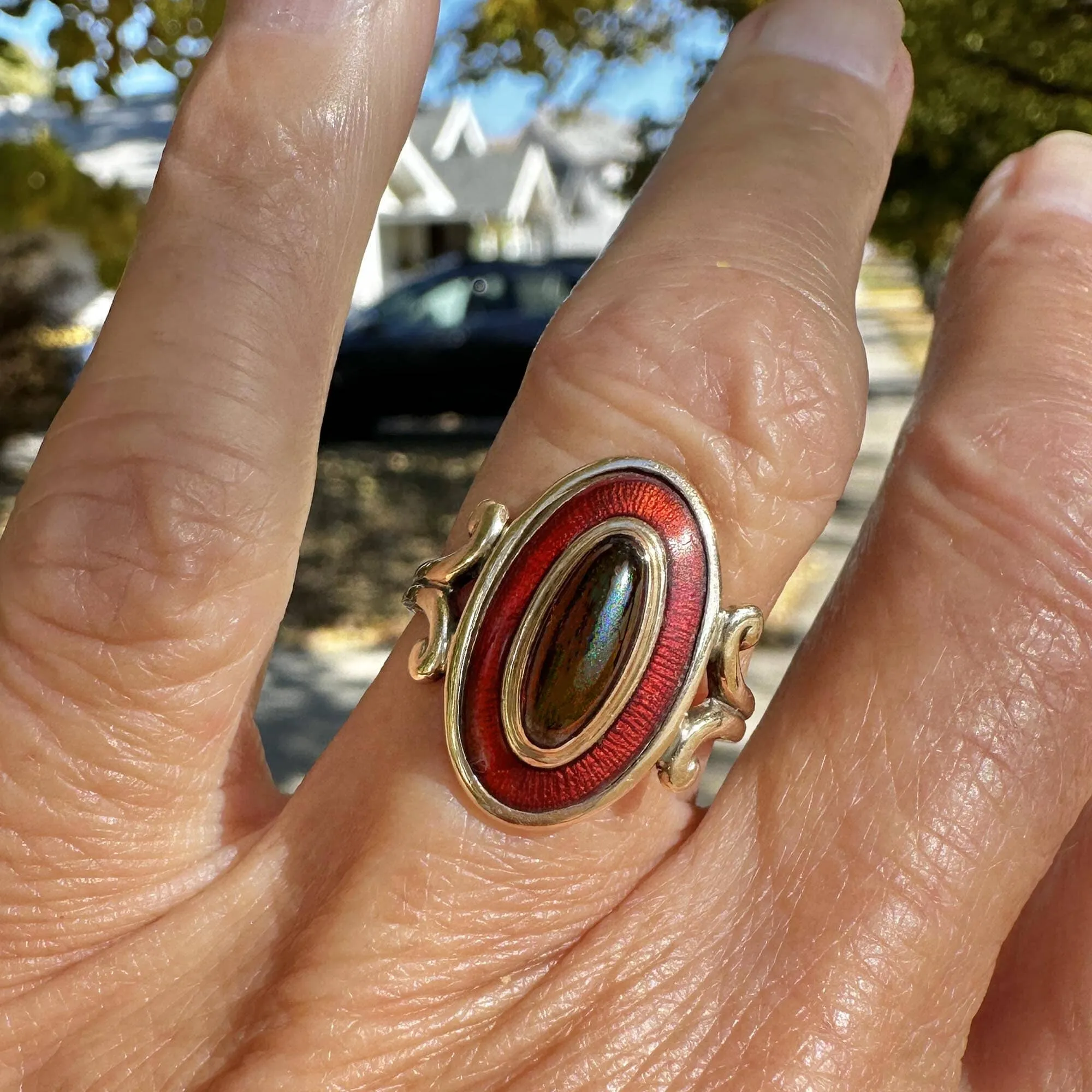Art Deco Guilloche Enamel Garnet Cabochon Ring in 14K Gold