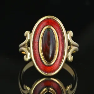 Art Deco Guilloche Enamel Garnet Cabochon Ring in 14K Gold
