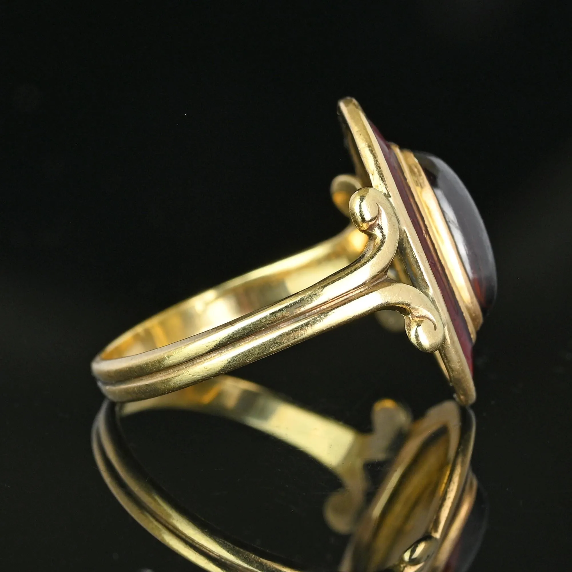 Art Deco Guilloche Enamel Garnet Cabochon Ring in 14K Gold