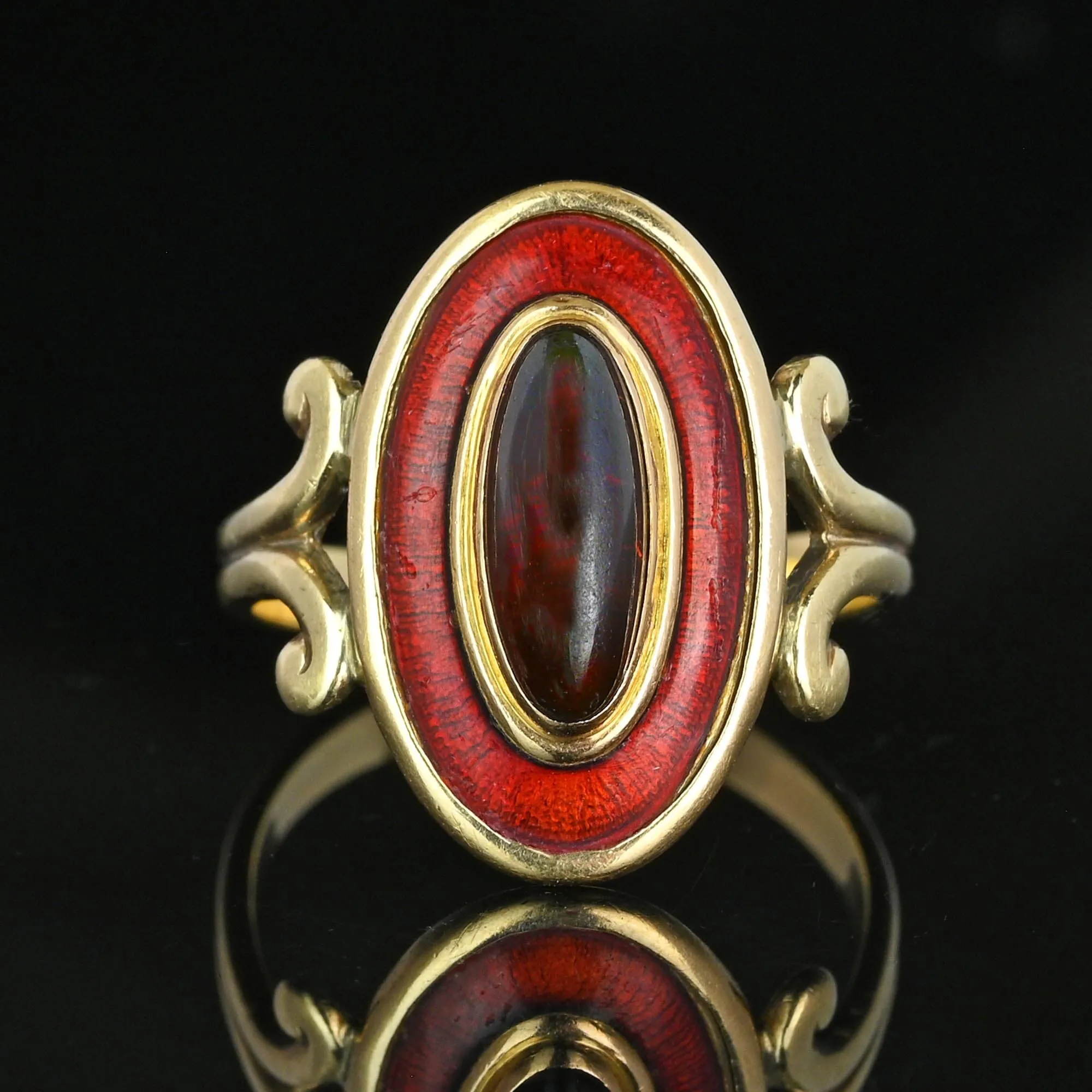 Art Deco Guilloche Enamel Garnet Cabochon Ring in 14K Gold
