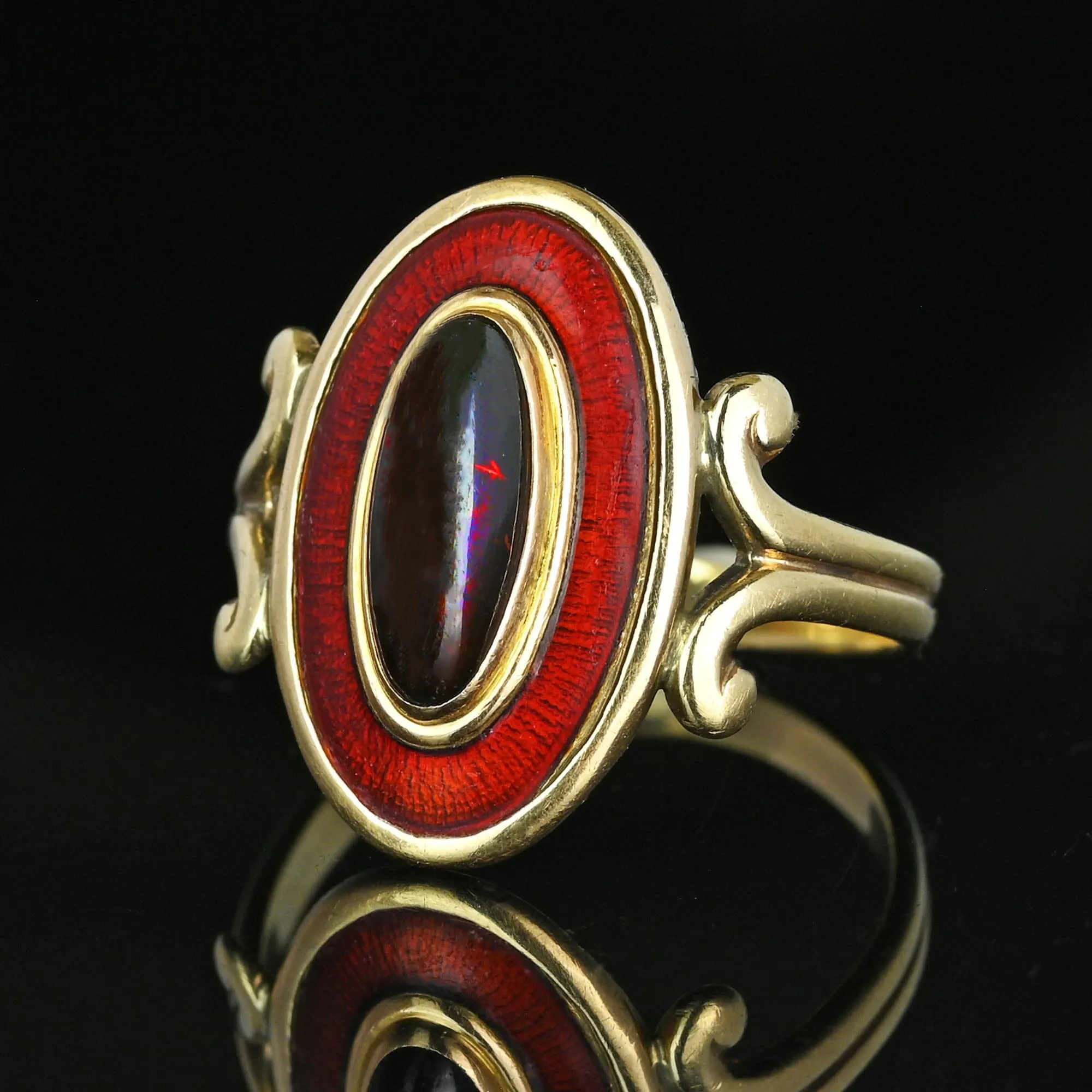 Art Deco Guilloche Enamel Garnet Cabochon Ring in 14K Gold