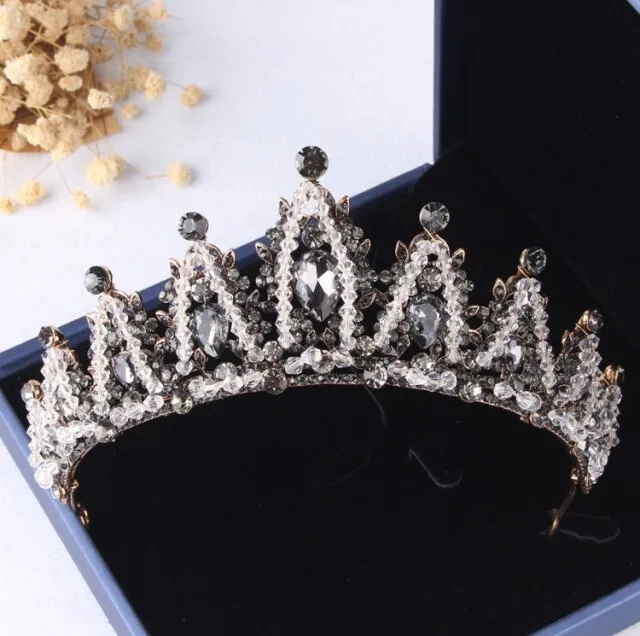Baroque Black Crystal Pearl Bridal Tiaras Crown Rhinestone Pageant Diadem Bride Headband Wedding Hair Accessories Tiara De Noiva