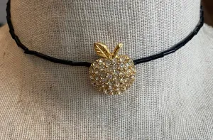 Black Bead Apple Gold Tone Rhinestone Choker Necklace