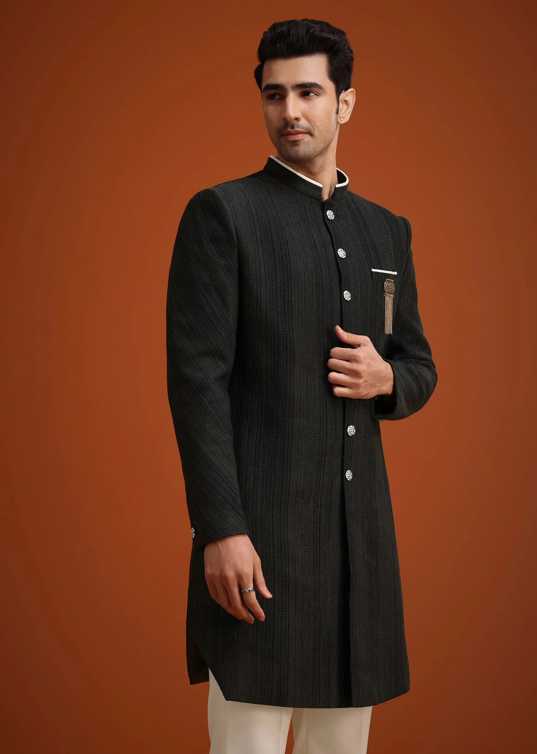 Black Silk Sherwani Set