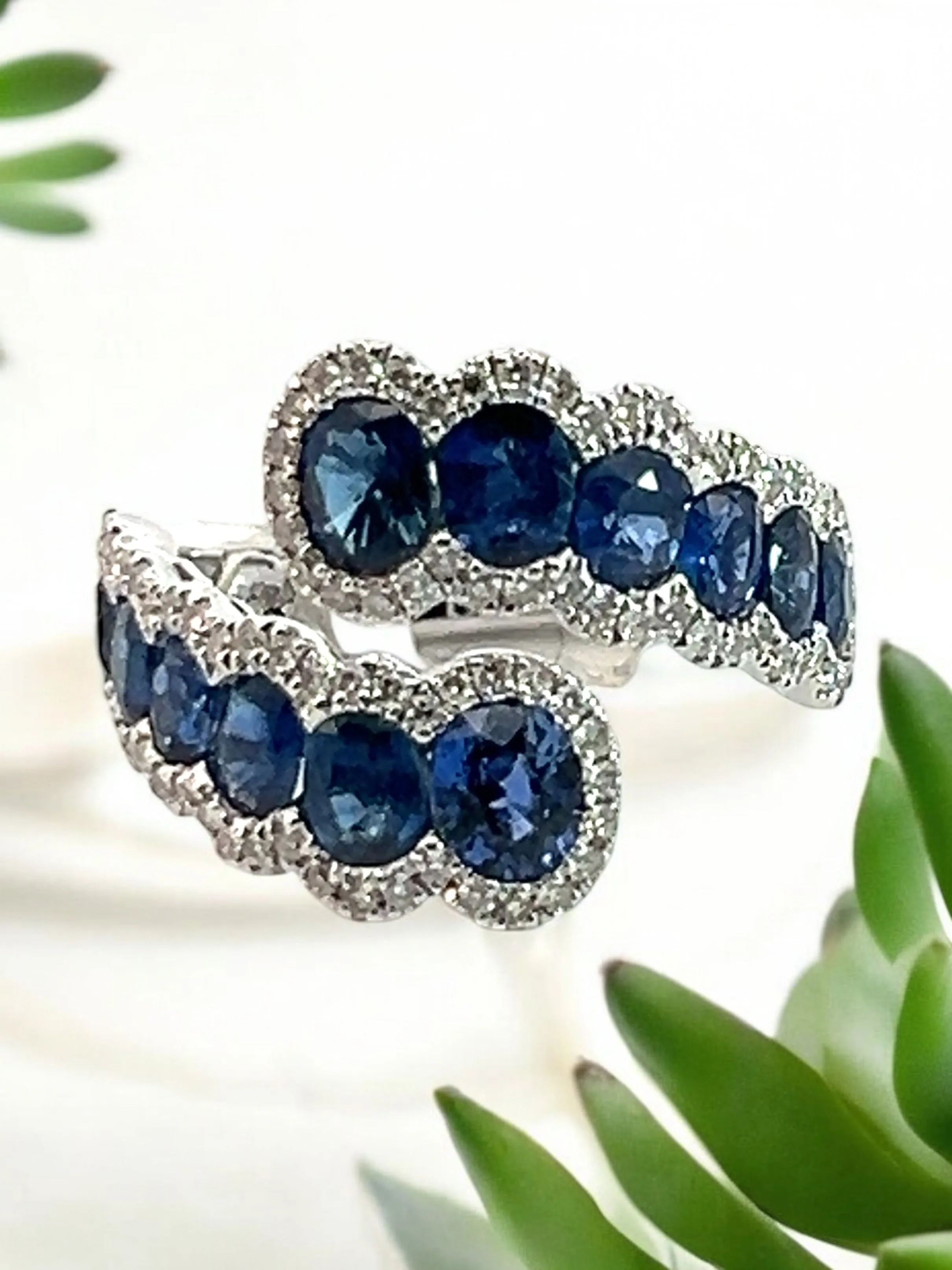 Blue Sapphire bypass ring with diamonds