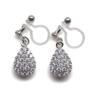 Bridal teardrop micro pave cubic zirconia invisible clip on earrings ( silver tone )