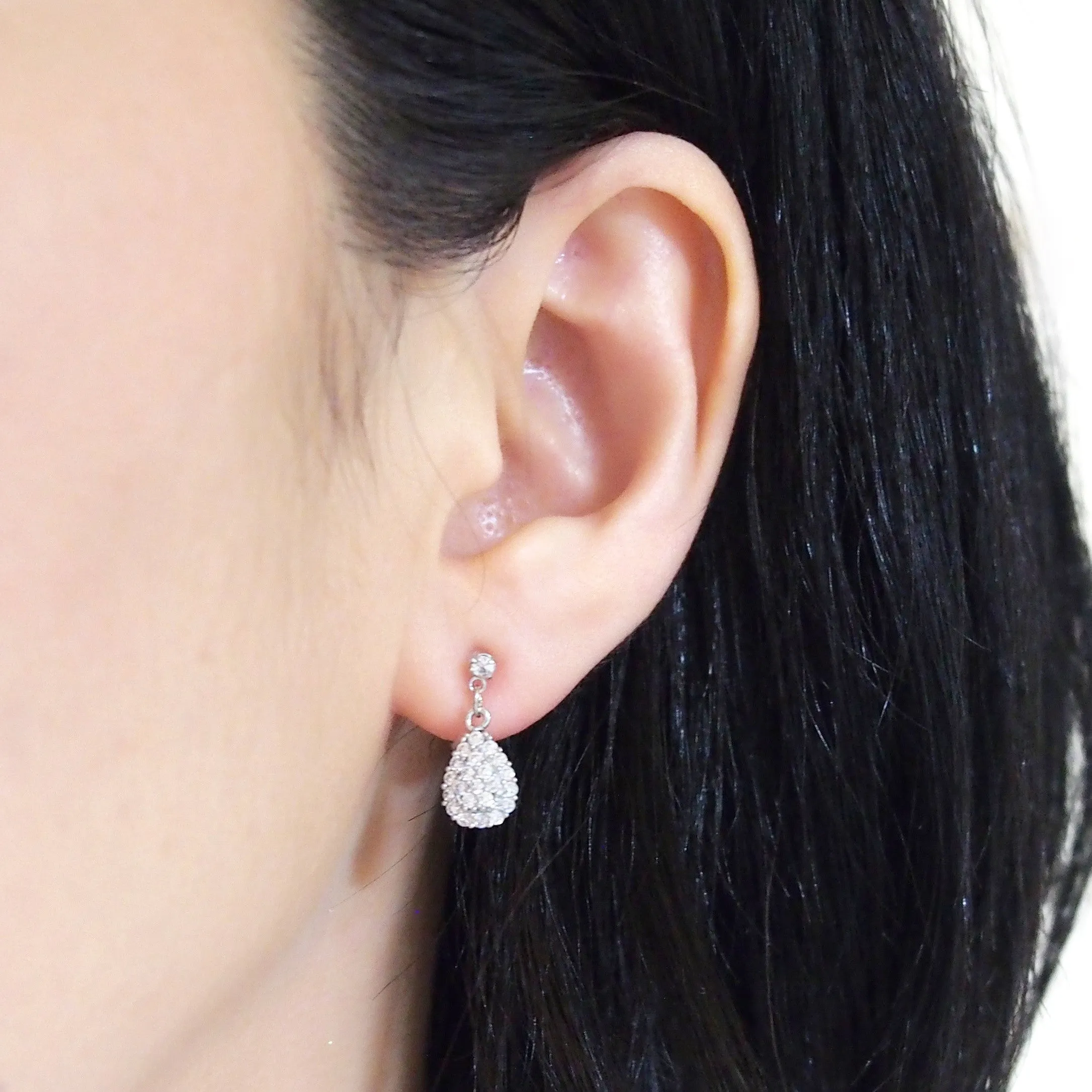 Bridal teardrop micro pave cubic zirconia invisible clip on earrings ( silver tone )