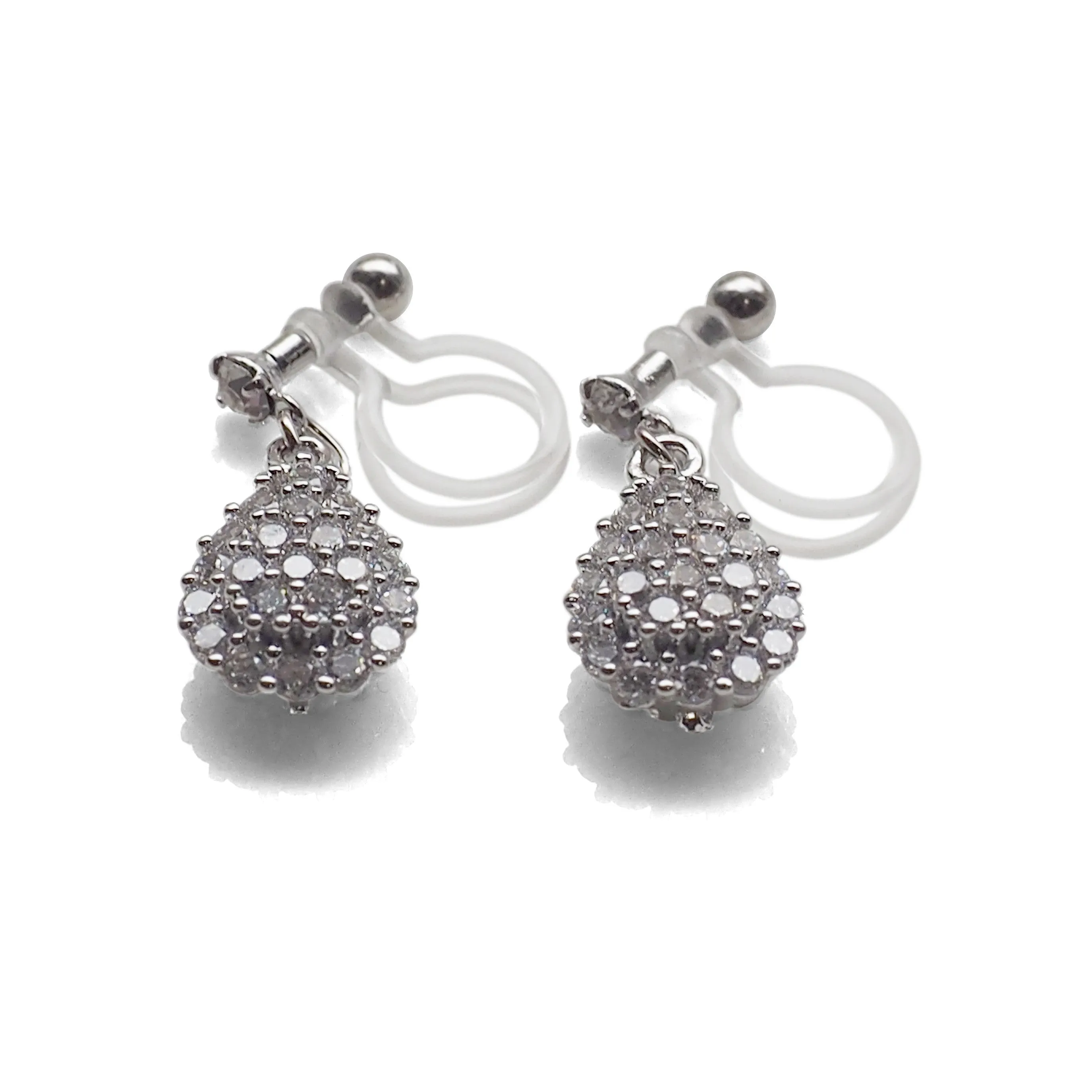 Bridal teardrop micro pave cubic zirconia invisible clip on earrings ( silver tone )