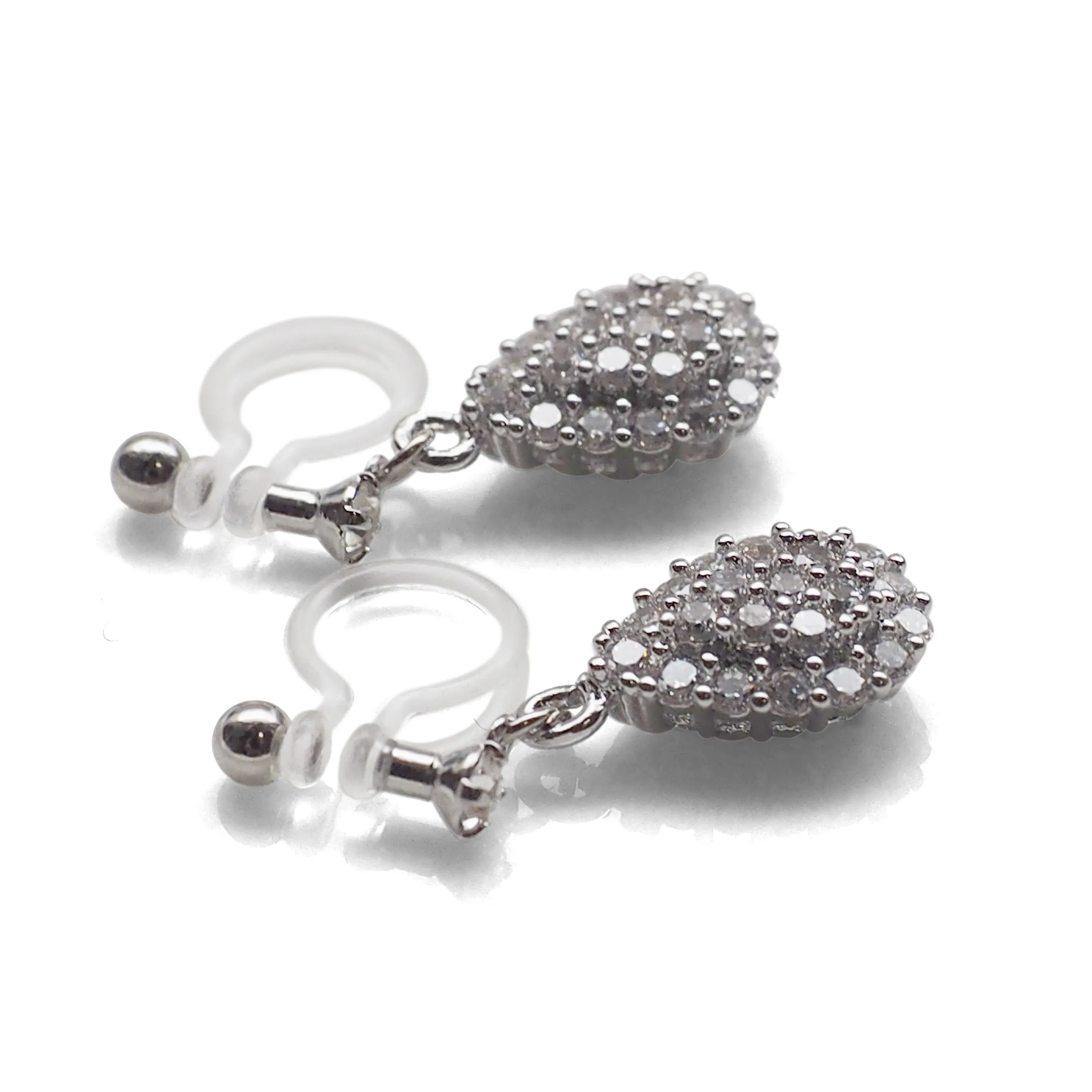 Bridal teardrop micro pave cubic zirconia invisible clip on earrings ( silver tone )