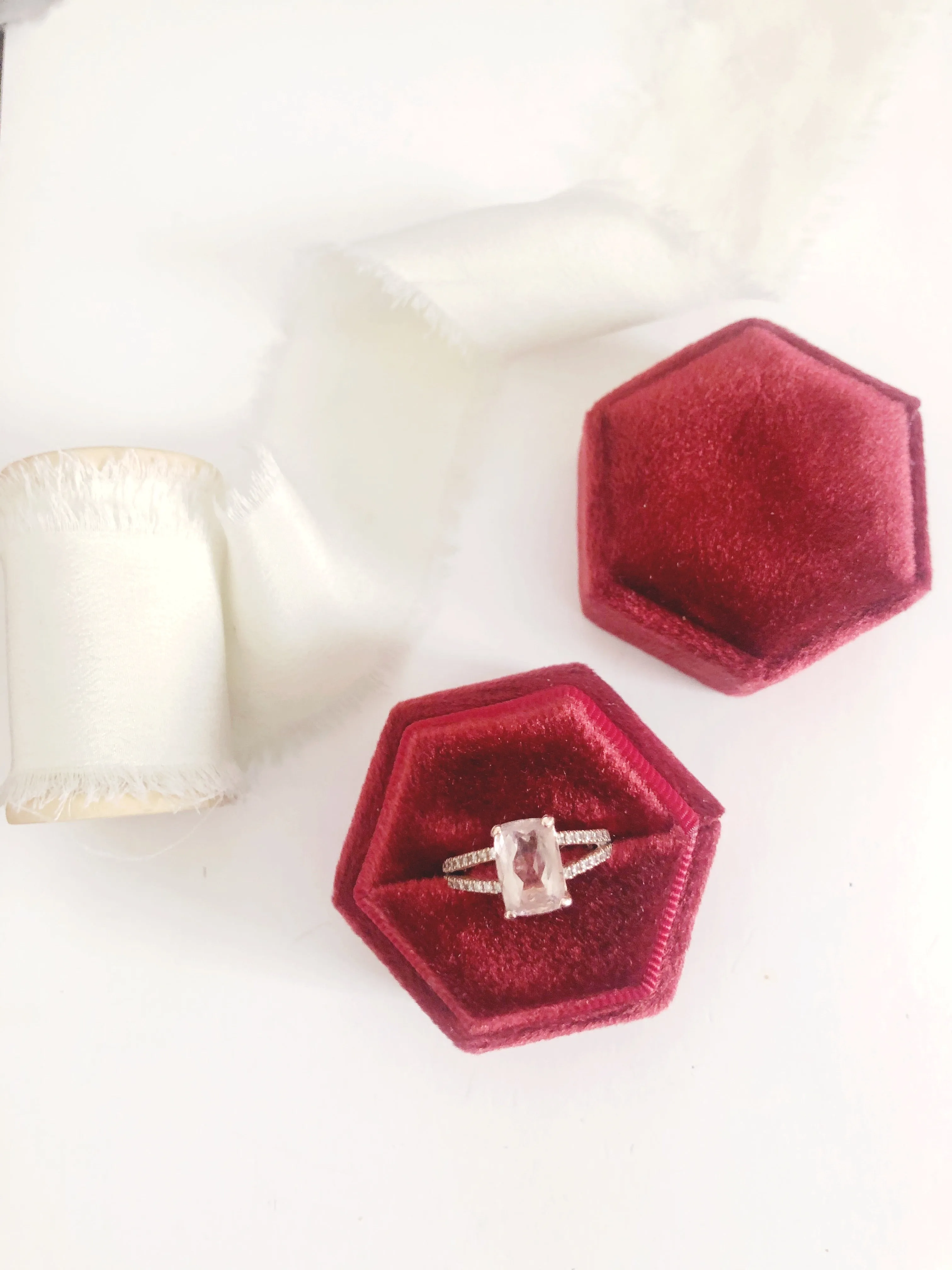 Burgundy Red Velvet Hexagon Ring Box