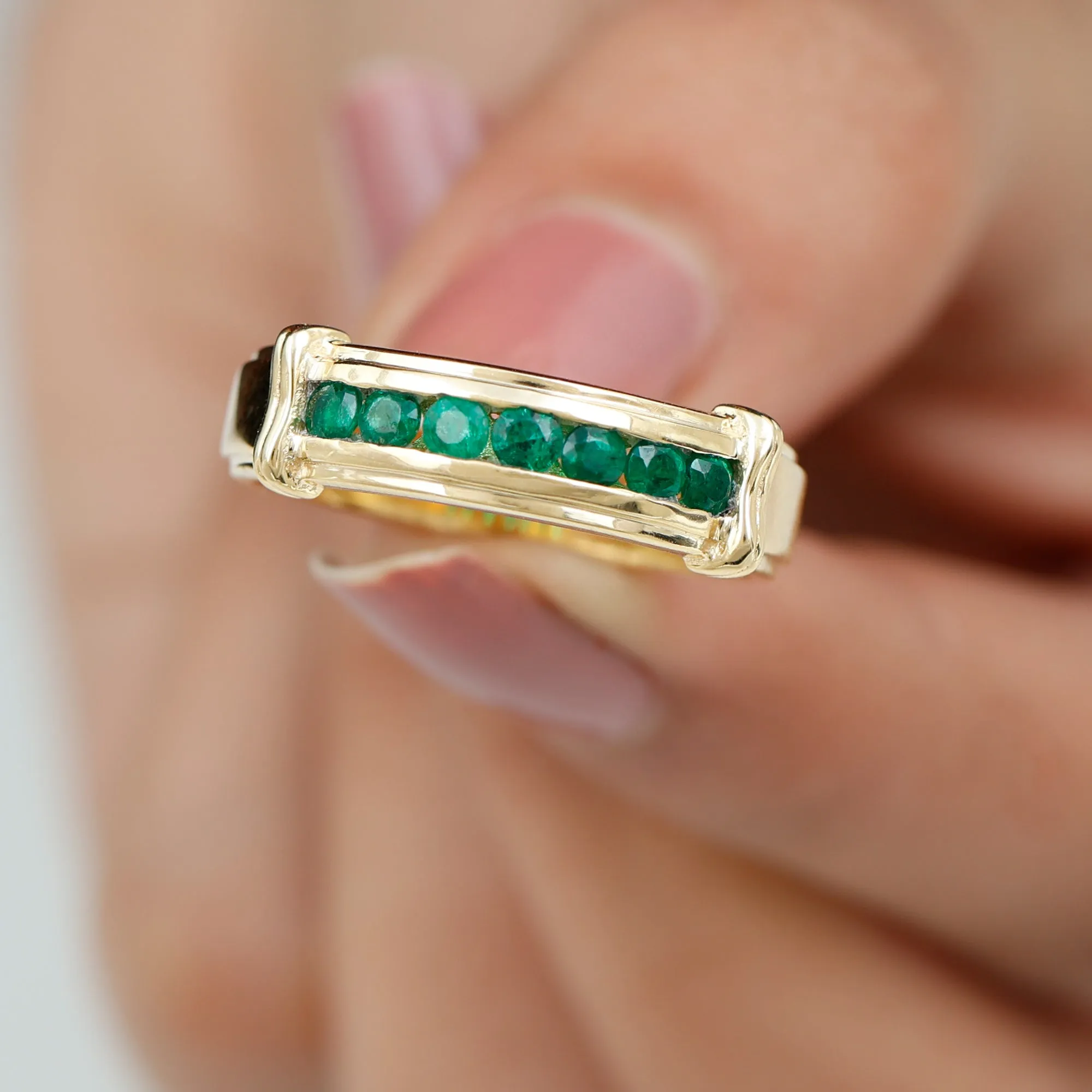 Channel Set Emerald Classic Wide Band Ring