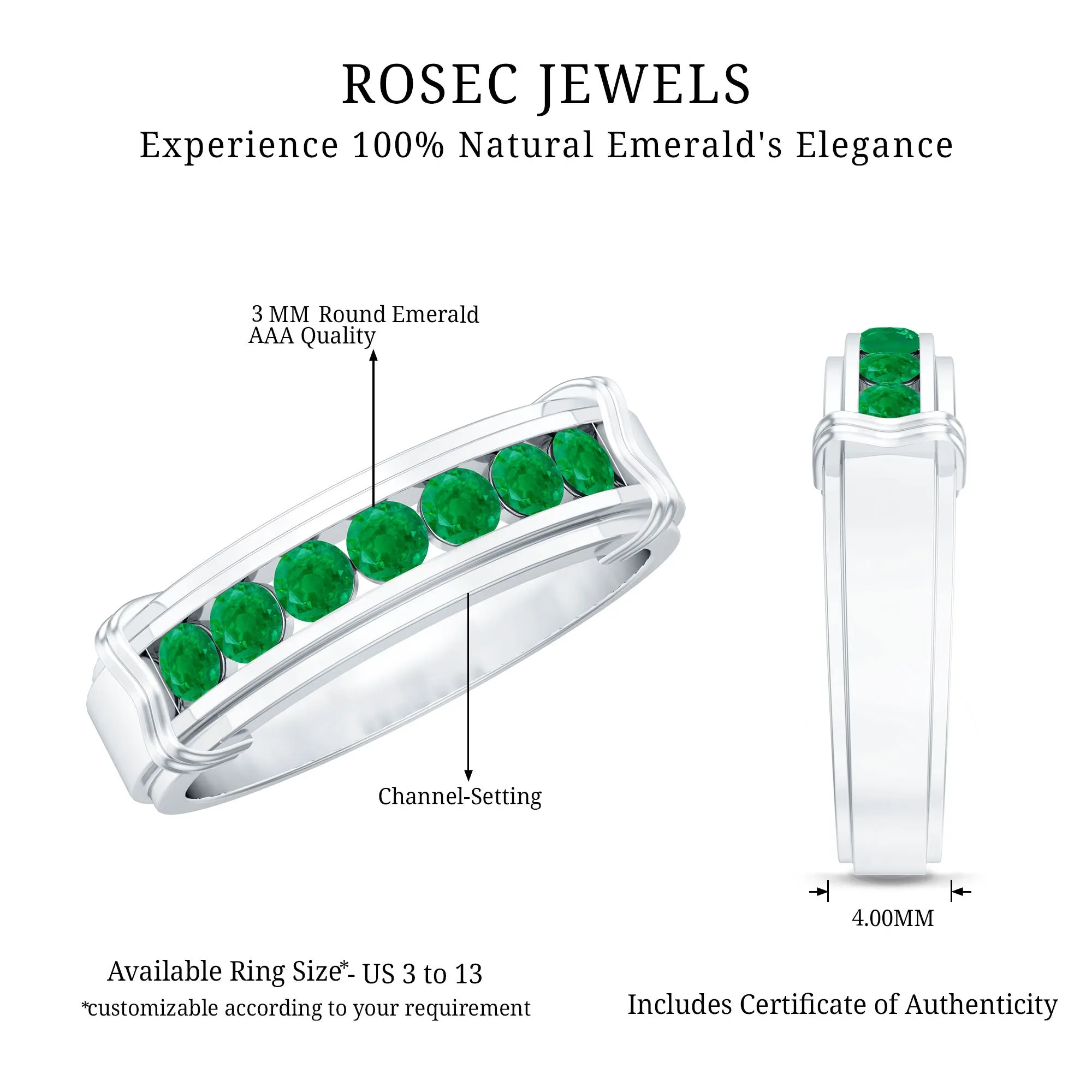 Channel Set Emerald Classic Wide Band Ring