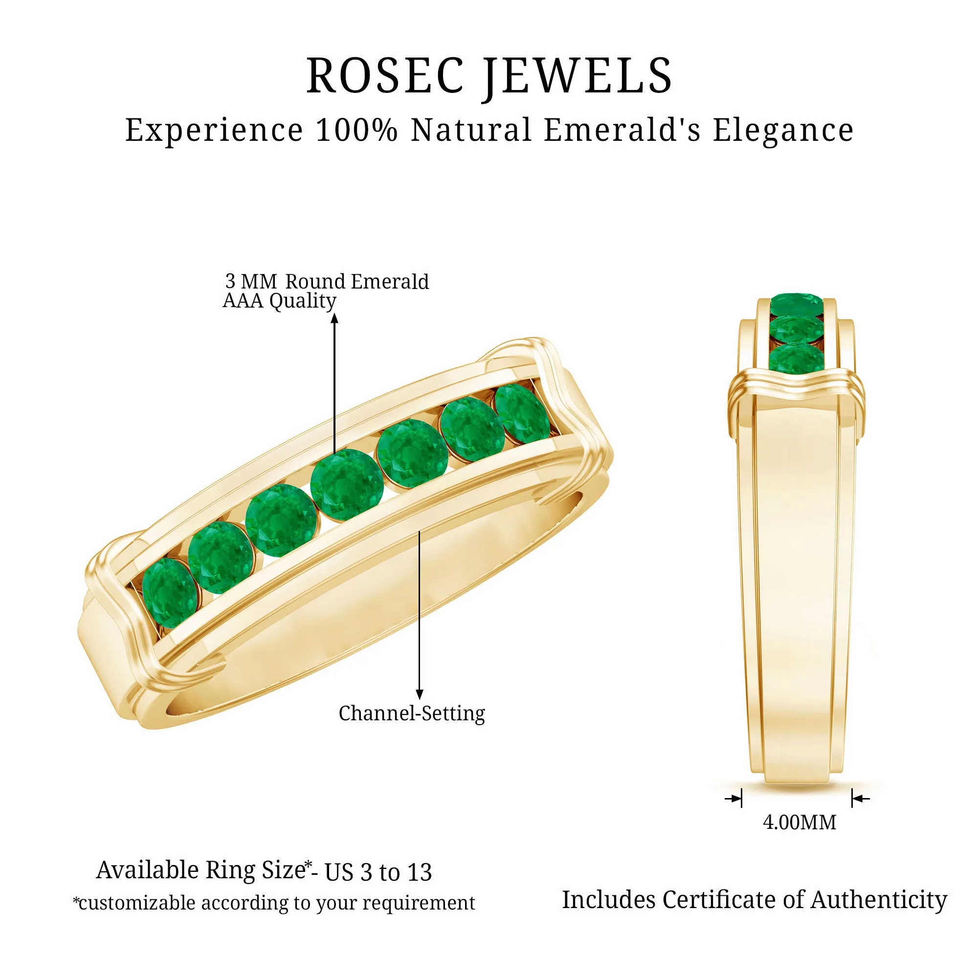 Channel Set Emerald Classic Wide Band Ring