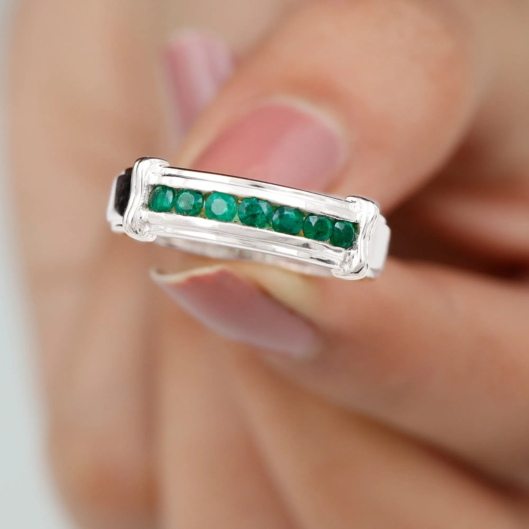 Channel Set Emerald Classic Wide Band Ring