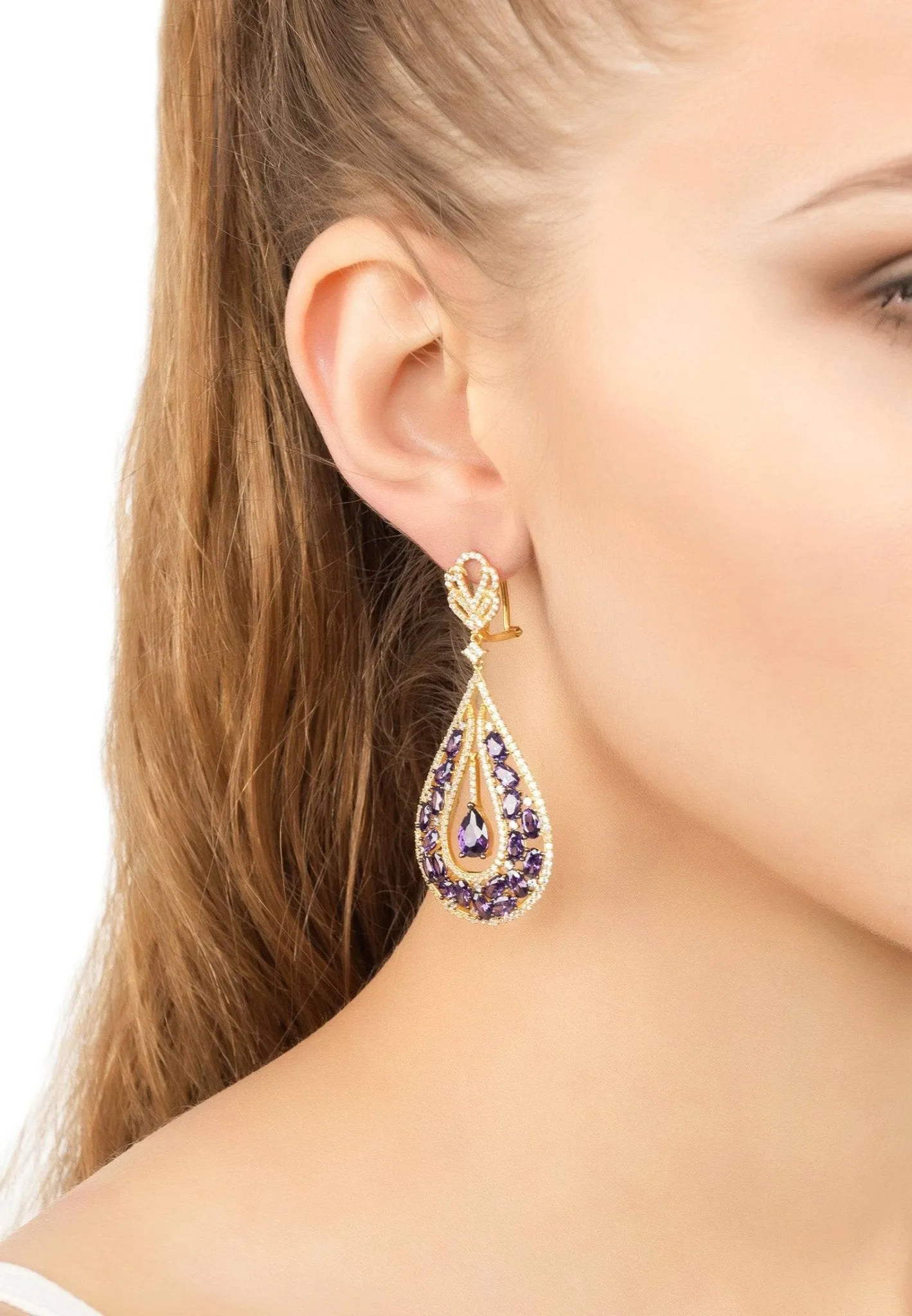 Charlotte Teardrop Gemstone Earrings Purple Gold