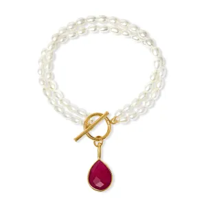 Clara double-strand cultured freshwater pearl bracelet with ruby quartz drop pendant