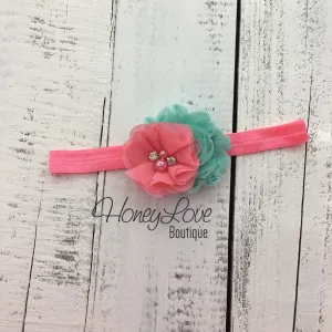 Coral Pink and Mint/Aqua shabby chiffon flower headband