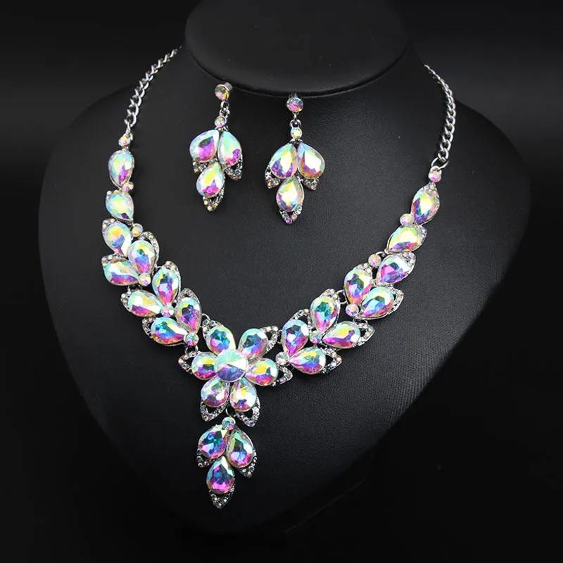 Crystal Flower Choker Rhinestone Necklace Earrings Set Women Collar Statement Jewelry Bride Wedding Party Accessories