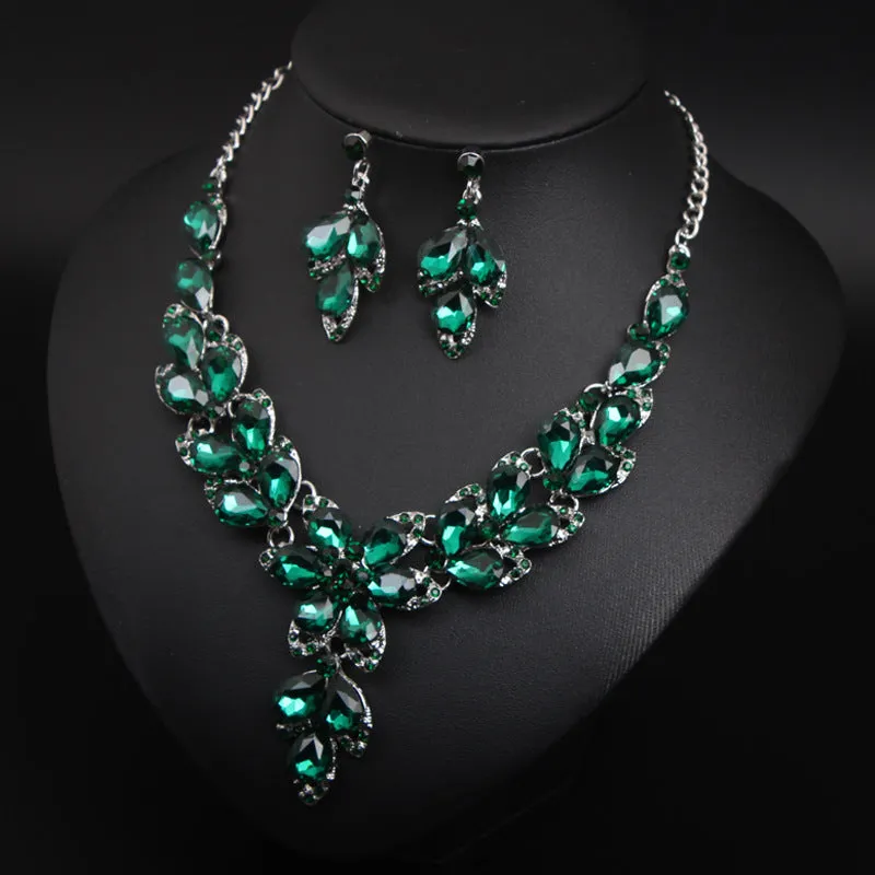 Crystal Flower Choker Rhinestone Necklace Earrings Set Women Collar Statement Jewelry Bride Wedding Party Accessories