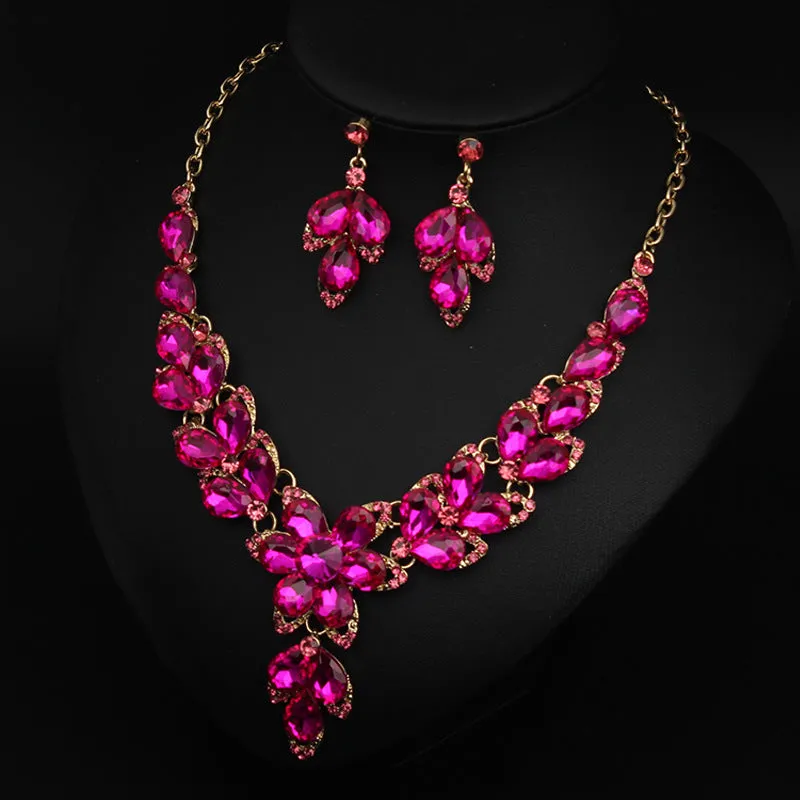 Crystal Flower Choker Rhinestone Necklace Earrings Set Women Collar Statement Jewelry Bride Wedding Party Accessories