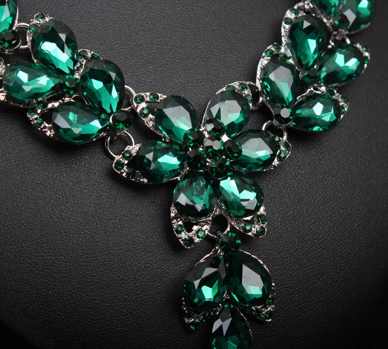 Crystal Flower Choker Rhinestone Necklace Earrings Set Women Collar Statement Jewelry Bride Wedding Party Accessories