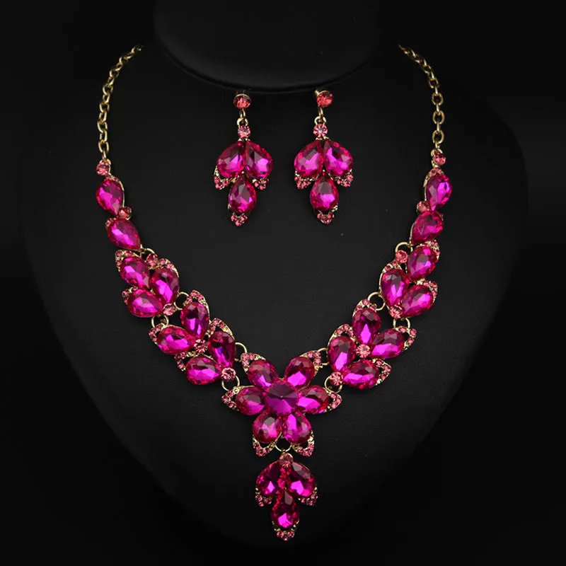 Crystal Flower Choker Rhinestone Necklace Earrings Set Women Collar Statement Jewelry Bride Wedding Party Accessories