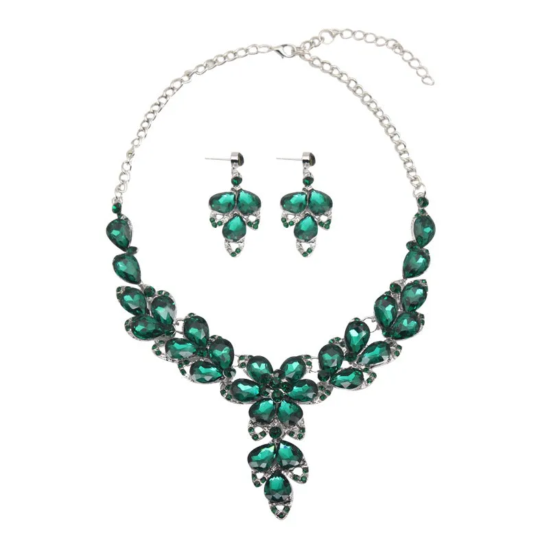 Crystal Flower Choker Rhinestone Necklace Earrings Set Women Collar Statement Jewelry Bride Wedding Party Accessories
