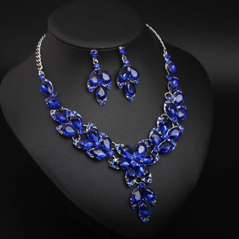 Crystal Flower Choker Rhinestone Necklace Earrings Set Women Collar Statement Jewelry Bride Wedding Party Accessories