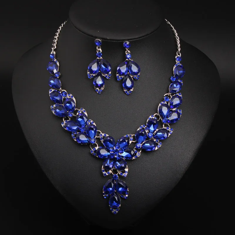 Crystal Flower Choker Rhinestone Necklace Earrings Set Women Collar Statement Jewelry Bride Wedding Party Accessories
