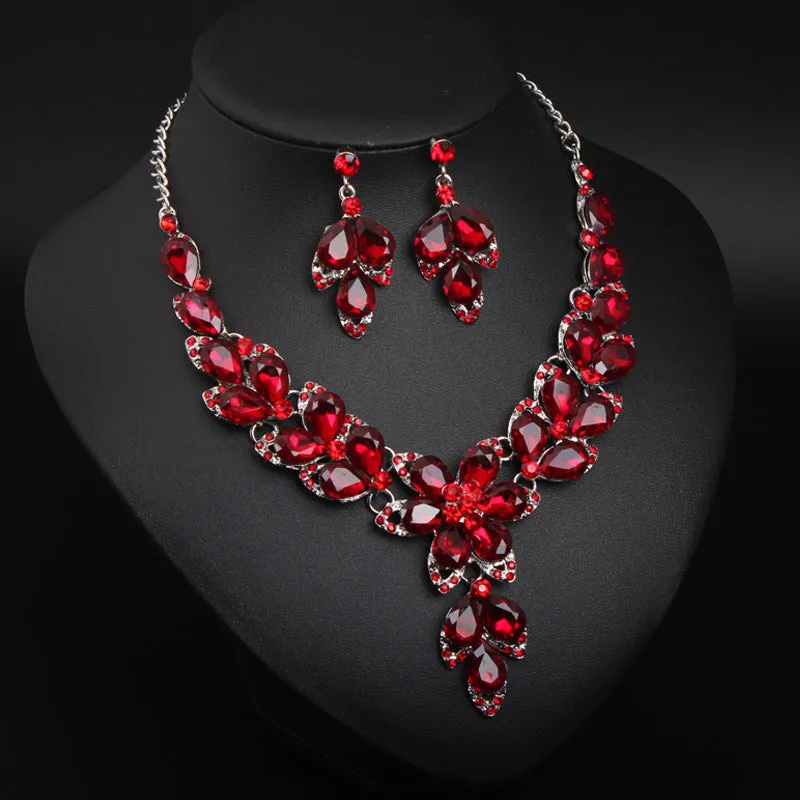 Crystal Flower Choker Rhinestone Necklace Earrings Set Women Collar Statement Jewelry Bride Wedding Party Accessories