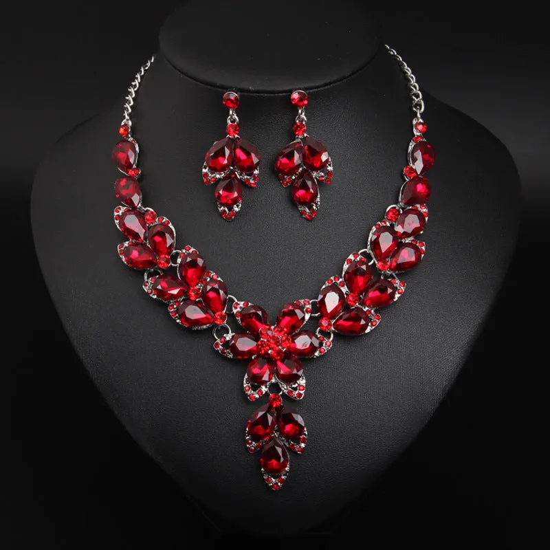 Crystal Flower Choker Rhinestone Necklace Earrings Set Women Collar Statement Jewelry Bride Wedding Party Accessories