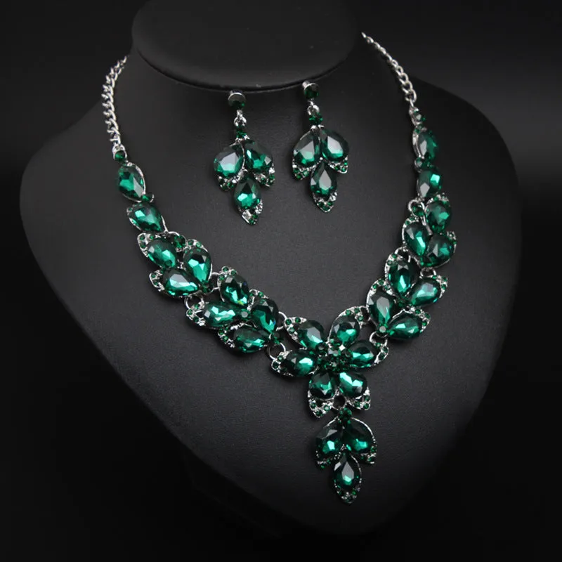 Crystal Flower Choker Rhinestone Necklace Earrings Set Women Collar Statement Jewelry Bride Wedding Party Accessories
