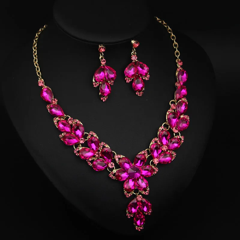 Crystal Flower Choker Rhinestone Necklace Earrings Set Women Collar Statement Jewelry Bride Wedding Party Accessories