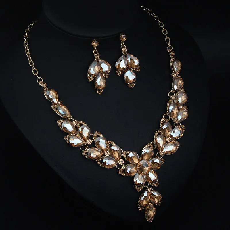 Crystal Flower Choker Rhinestone Necklace Earrings Set Women Collar Statement Jewelry Bride Wedding Party Accessories