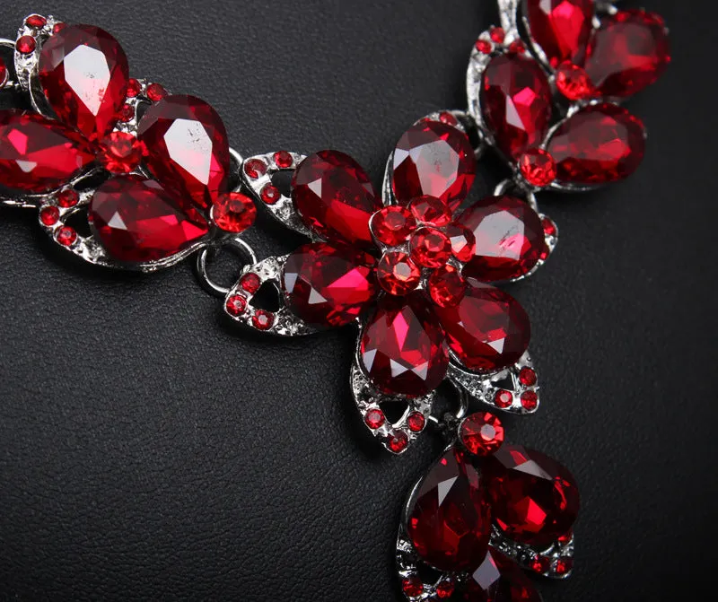 Crystal Flower Choker Rhinestone Necklace Earrings Set Women Collar Statement Jewelry Bride Wedding Party Accessories