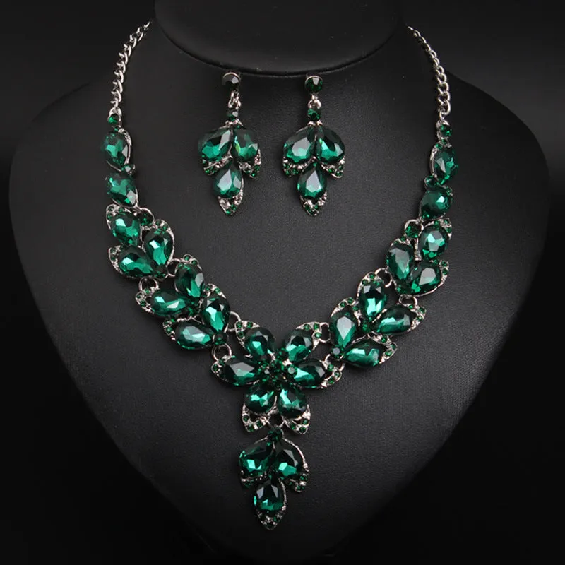 Crystal Flower Choker Rhinestone Necklace Earrings Set Women Collar Statement Jewelry Bride Wedding Party Accessories