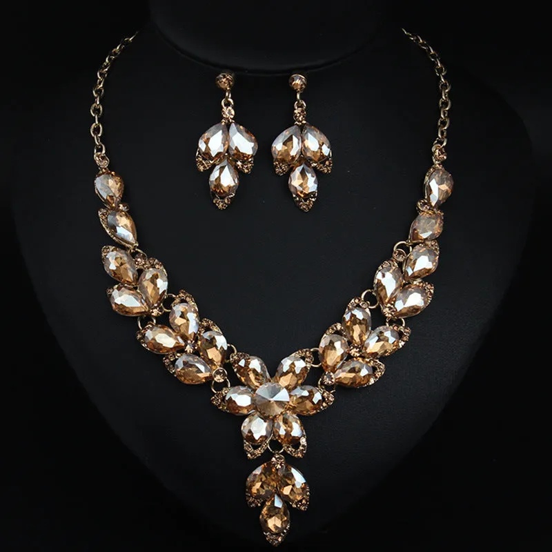 Crystal Flower Choker Rhinestone Necklace Earrings Set Women Collar Statement Jewelry Bride Wedding Party Accessories