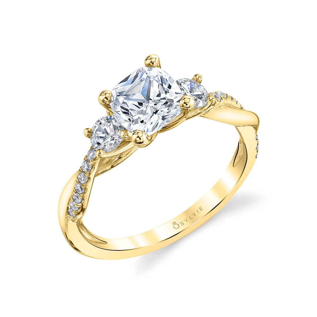 Cushion Cut Three Stone Twist Engagement Ring - Evangeline 14k Gold Yellow