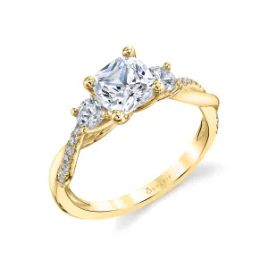Cushion Cut Three Stone Twist Engagement Ring - Evangeline 14k Gold Yellow