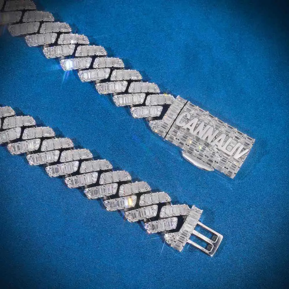 CUSTOM CLASP 20MM Emerald Cut Moissanite Cuban Link Chain 14k Gold