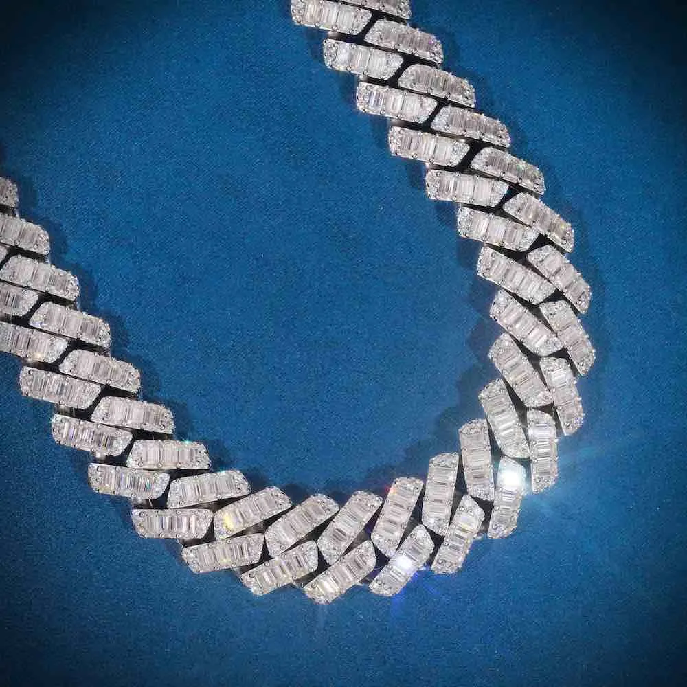 CUSTOM CLASP 20MM Emerald Cut Moissanite Cuban Link Chain 14k Gold