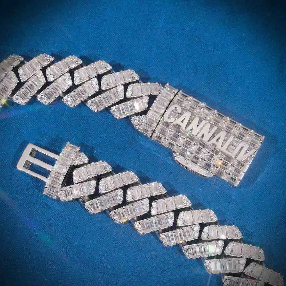 CUSTOM CLASP 20MM Emerald Cut Moissanite Cuban Link Chain 14k Gold